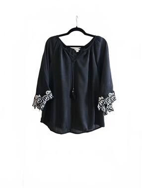 Est. 1946 Black Boho Peasant Tunic Top w/Embroidered Cuffs & 3/4 Sleeve-Size M